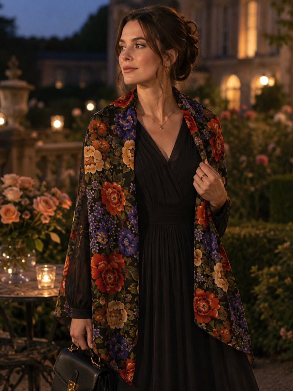 Vintage Romantic Floral Scarf | Dark Botanical Opera Garden Style - Picture 2 of 9